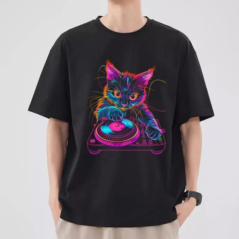 Funny Cat DJ T Shirt Men Couple Combination Clothes Short Sleeve Collar Fashion T-shirt Women Cotton