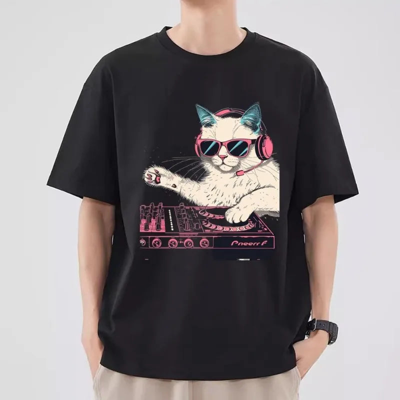 Funny Cat DJ T Shirt Men Couple Combination Clothes Short Sleeve Collar Fashion T-shirt Women Cotton