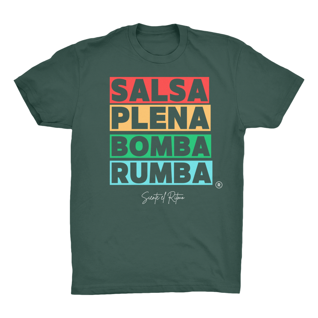 Salsa Bomba Plena Rumba Organic Adult T-Shirt. Fabric is 100% Organic cotton.