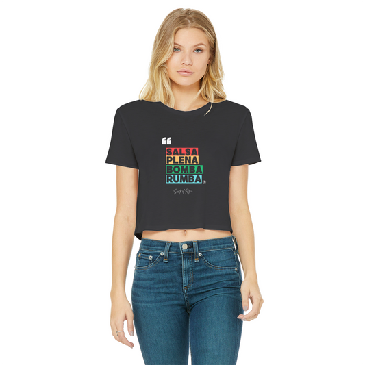 Salsa Bomba Plena Rumba Classic Women's Cropped Raw Edge T-Shirt