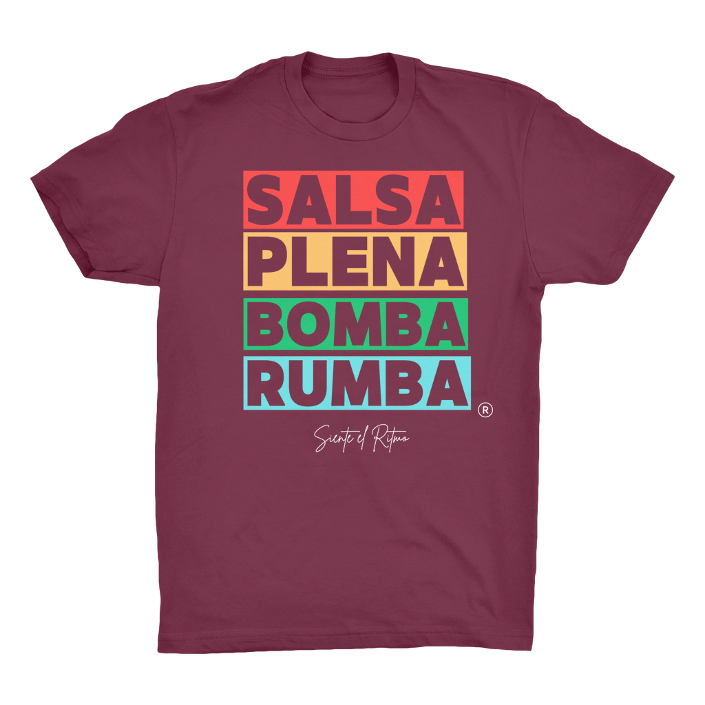 Salsa Bomba Plena Rumba Organic Adult T-Shirt. Fabric is 100% Organic cotton.