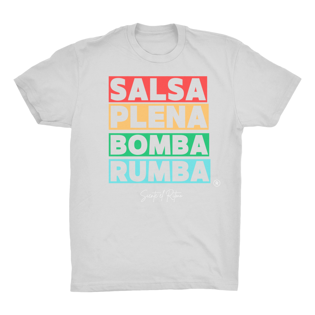 Salsa Bomba Plena Rumba Organic Adult T-Shirt. Fabric is 100% Organic cotton.