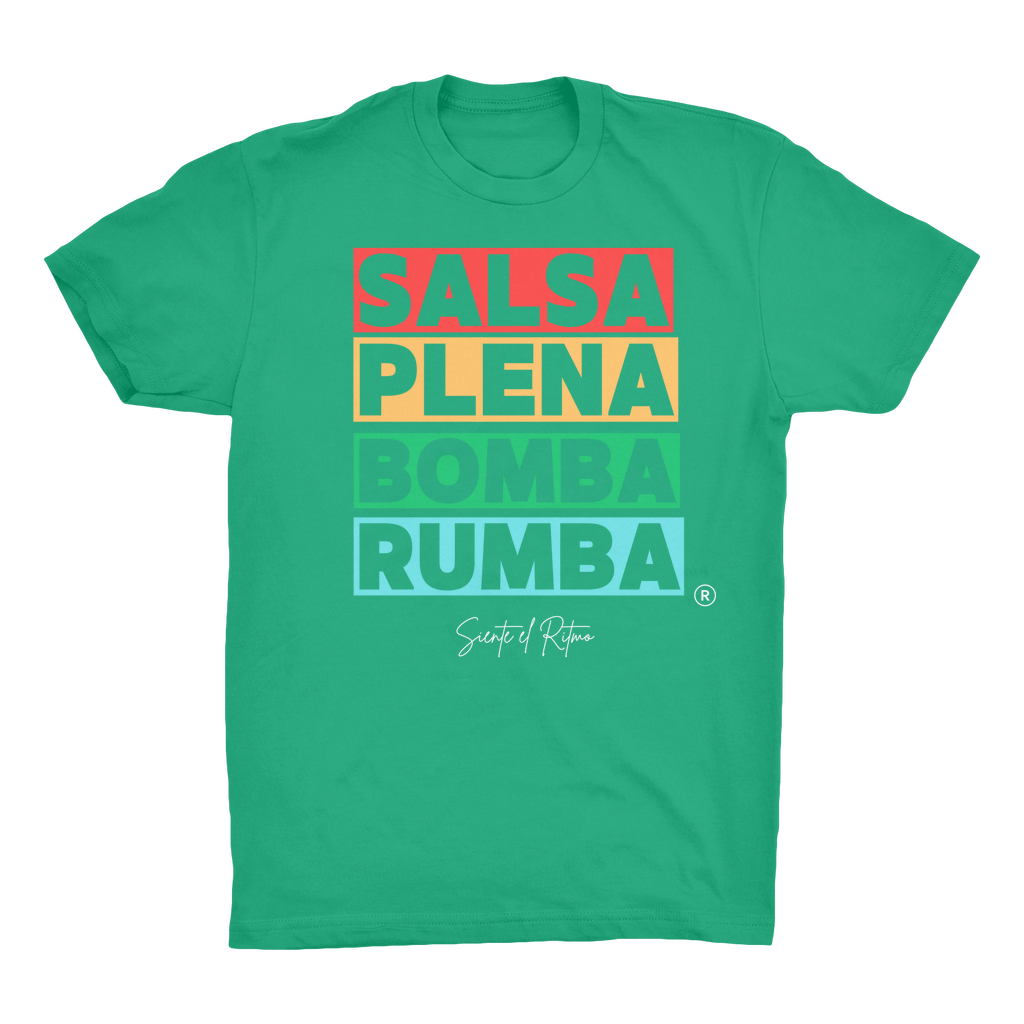 Salsa Bomba Plena Rumba Organic Adult T-Shirt. Fabric is 100% Organic cotton.