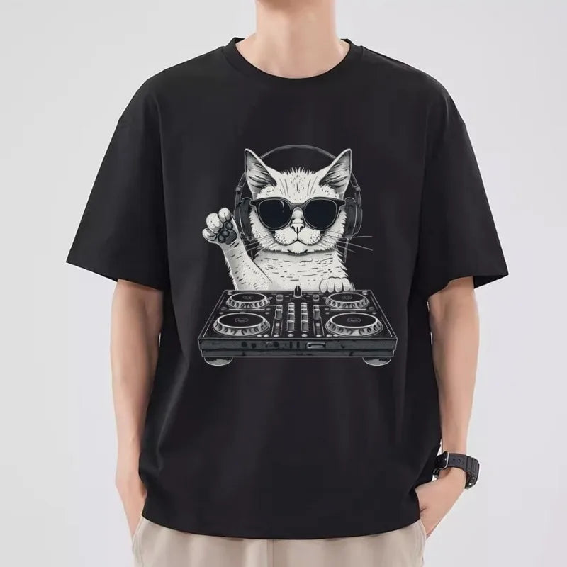 Funny Cat DJ T Shirt Men Couple Combination Clothes Short Sleeve Collar Fashion T-shirt Women Cotton